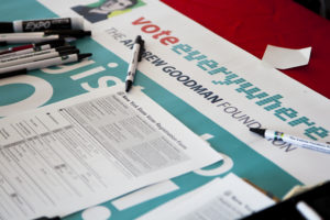 New York voter registration forms distributed by Stony Brook's Vote Everywhere team in partnership with the Andrew Goodman Foundation
