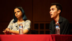 From left, student activists Samantha Fuentes and David Hogg speak on the importance of engaging young adults in voting Sept. 29 at Cornell University's Kennedy Hall. Student voting rates doubled from 2014 to 2018, according to a report released by the Tufts University Institute for Democracy and Higher Education with the National Study of Learning, Voting and Engagement (NSLVE).